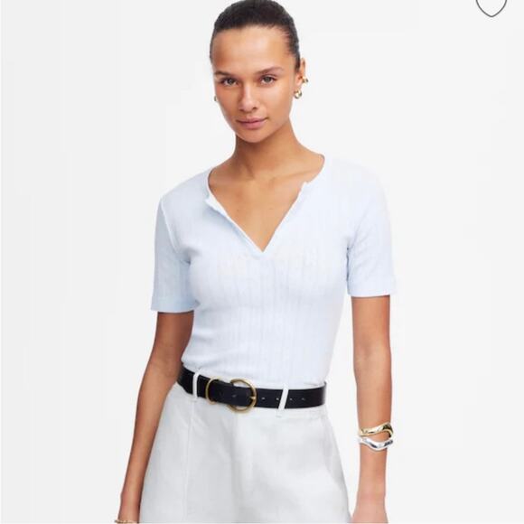 Madewell Light Blue Pointelle Cotton Notch Neck Tee Shirt XXS NWT - Picture 1 of 8